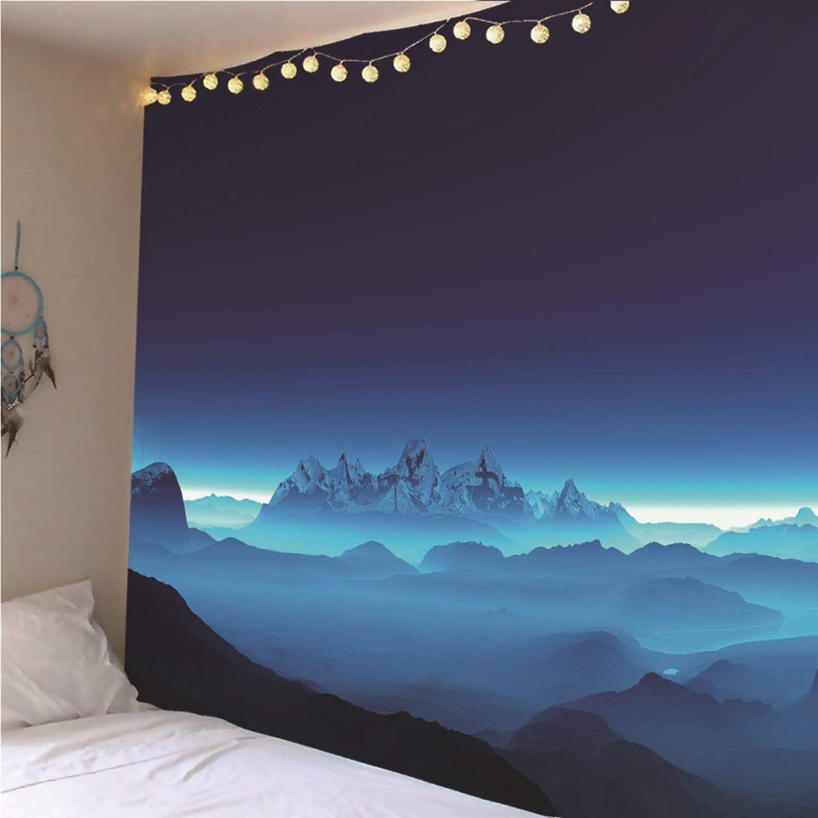 Tapiz Chic Suelo De Habitación Paisaje Montaña Azul Negro Pared Tela Pequeño para Decoración Sala Estar del Dormitorio 260X240Cm
