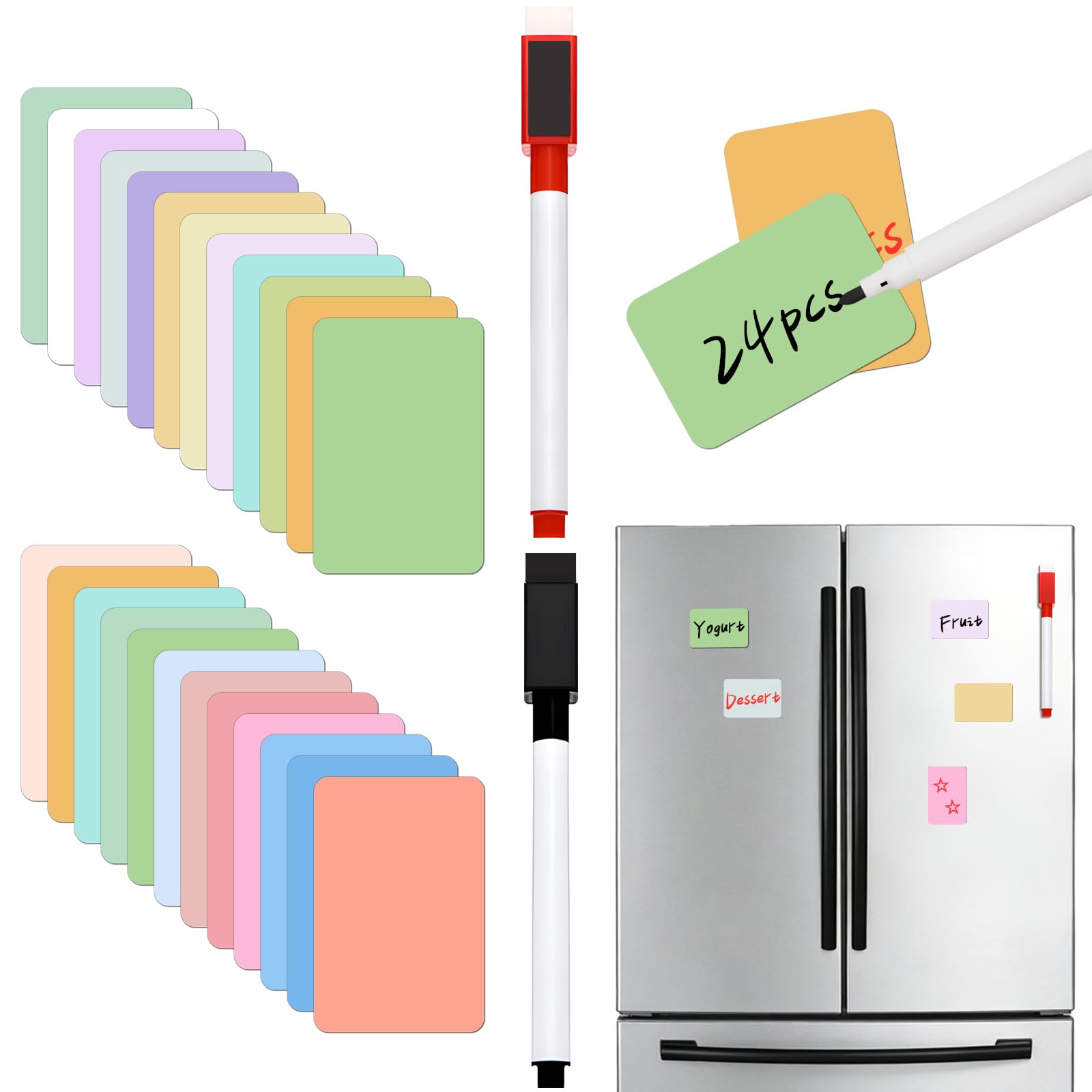 24 pcs Dry Erase Magnetic Labels, VEINARDYL 4×6 cm Reusable Magnetic Name Tag Labels with 2 Pens, Colored Magnetic Sticky Notes for Whiteboard Fridge Students Locker Office Home