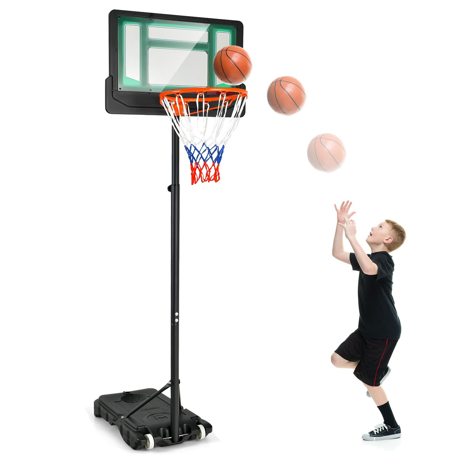 COSTWAY Canestro Basket Bambini, Canestro da Basket Esterno ed Interno Portatile e Regolabile in Altezza 90-210cm, con Ruote, Tabellone Infrangibile e Incavo per Pallone