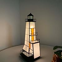 Vista 4 de Bieye L10779 Lighthouse Tiffany Style Stained Glass Accent Table Lamp Night Light with Lookout Platform for Home Decoration (4x6x11, Brown)