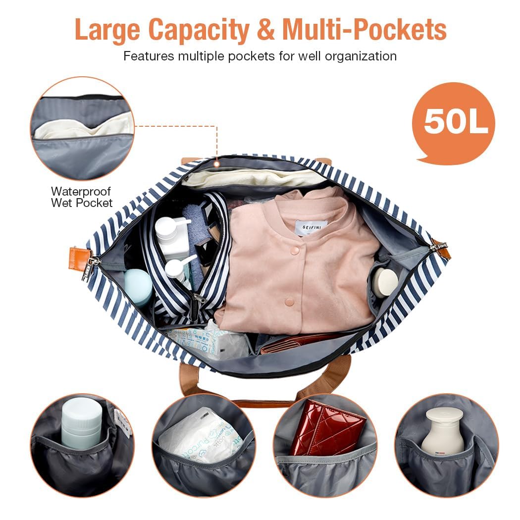 Reisetasche Damen 50L Gestreift Handgepäck Weekender | 50L Fassungsvermögen | inkl. Kulturbeutel + 2 Schuhsäcke | gestreiftes Design | geeignet als Klinik-, Sport- oder Flugtasche