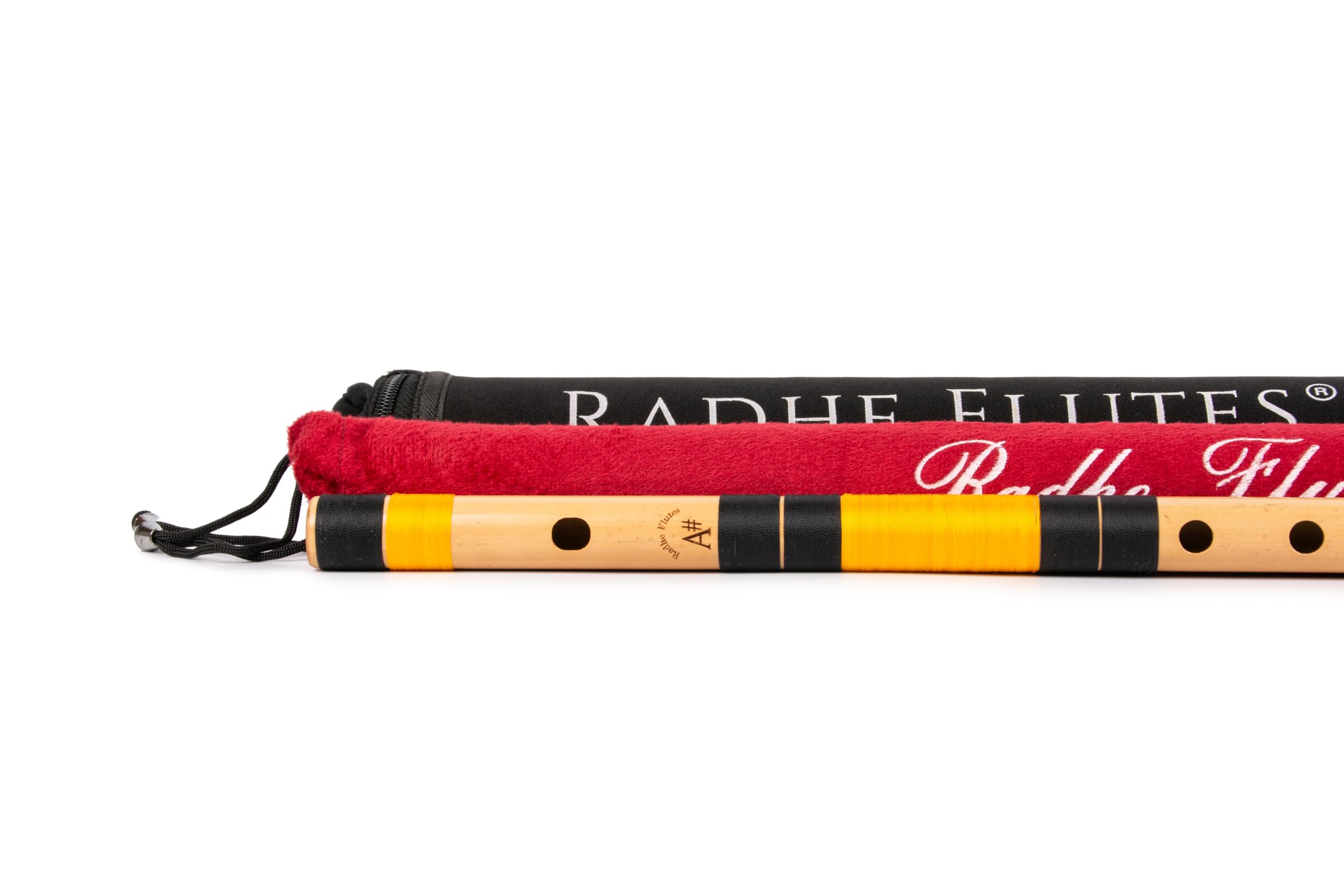 Radhe Flutes Bansuri professionale in bambù, affilato, per destrorsi, base ottava, copertina rigida + copertura in velluto e tubo di carta, nero e arancione, fatto a mano da Tej Sharma
