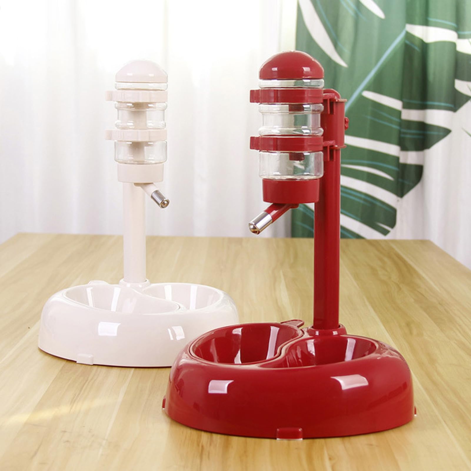 Dog Cat Standing Dispenser Bowl, Automatic Water Feeder, Heart Shaped, Large Capacity, Prevent Oral Issues, Nonslip, Non Spill, Adjustable Height, Plastic Material (Beige)