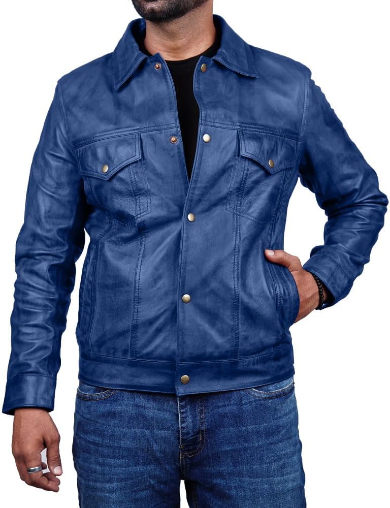 Vintage Style Trucker Leather Jacket Men Real Lambskin Vintage Trucker Shirt Collar Mens Leather Jackets