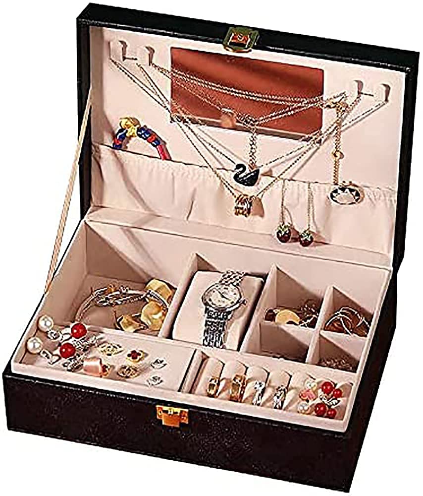 RWRAPS Jewellery Box Jewellery Box with Four Leaves Jewellery Box PU Leather Large Volume Jewellery with Lock Jewellery
