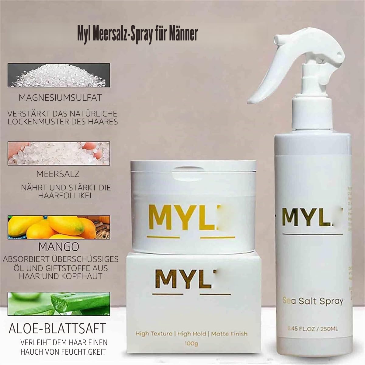Generic Mylz Meersalz Spray für Männer, Mango Meersalz Spray & Ton Texture Pack, Herren Meersalz Haarspray & Haarton, Volumen Haarspray für alle Haare (Set)