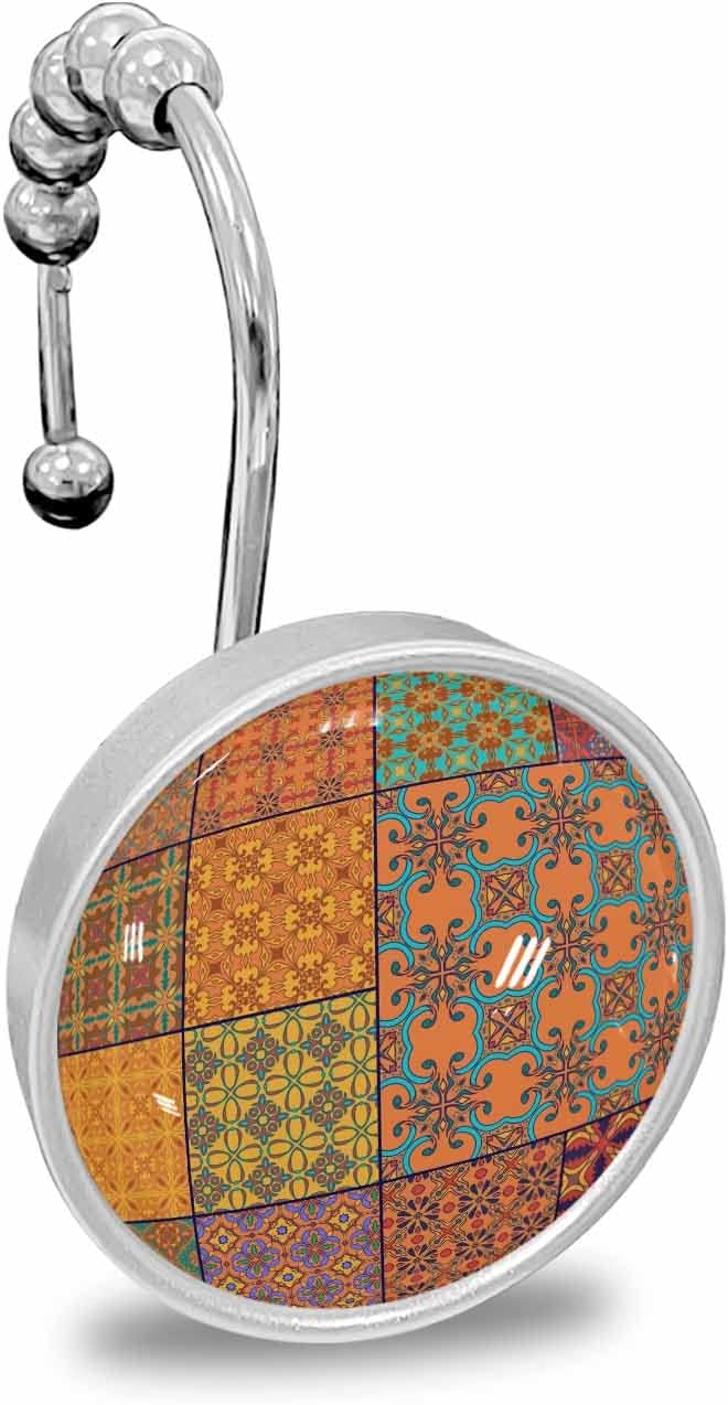 Shower Curtain Hooks Set of 12 Bright Vintage Traditional Orange Floral Plaid Crystal Glass Shower Curtain Rings for Bathroom Decorative Stainless Steel Rust Proof Roller Shower Curtain Hangers