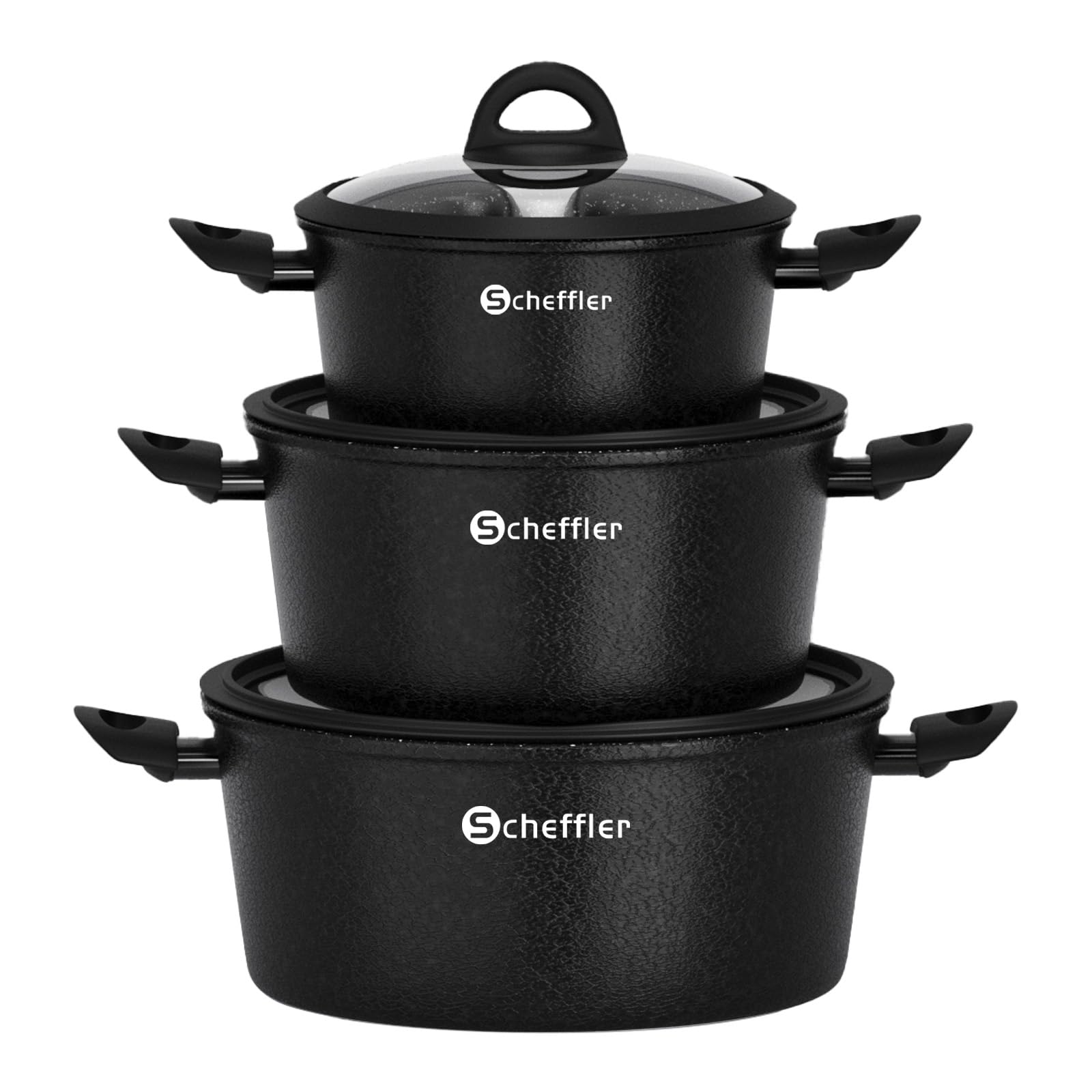 Scheffler Topfset Induktion 6-tlg Kochtopf Set beschichtet(HL-21PS62) | Ø20/24/28cm Kochtopf Induktion mit Glasdeckel,Aluminium ,Spülmaschinenfest,Antihaftbeschichtung,Für alle Herdarten geeignet