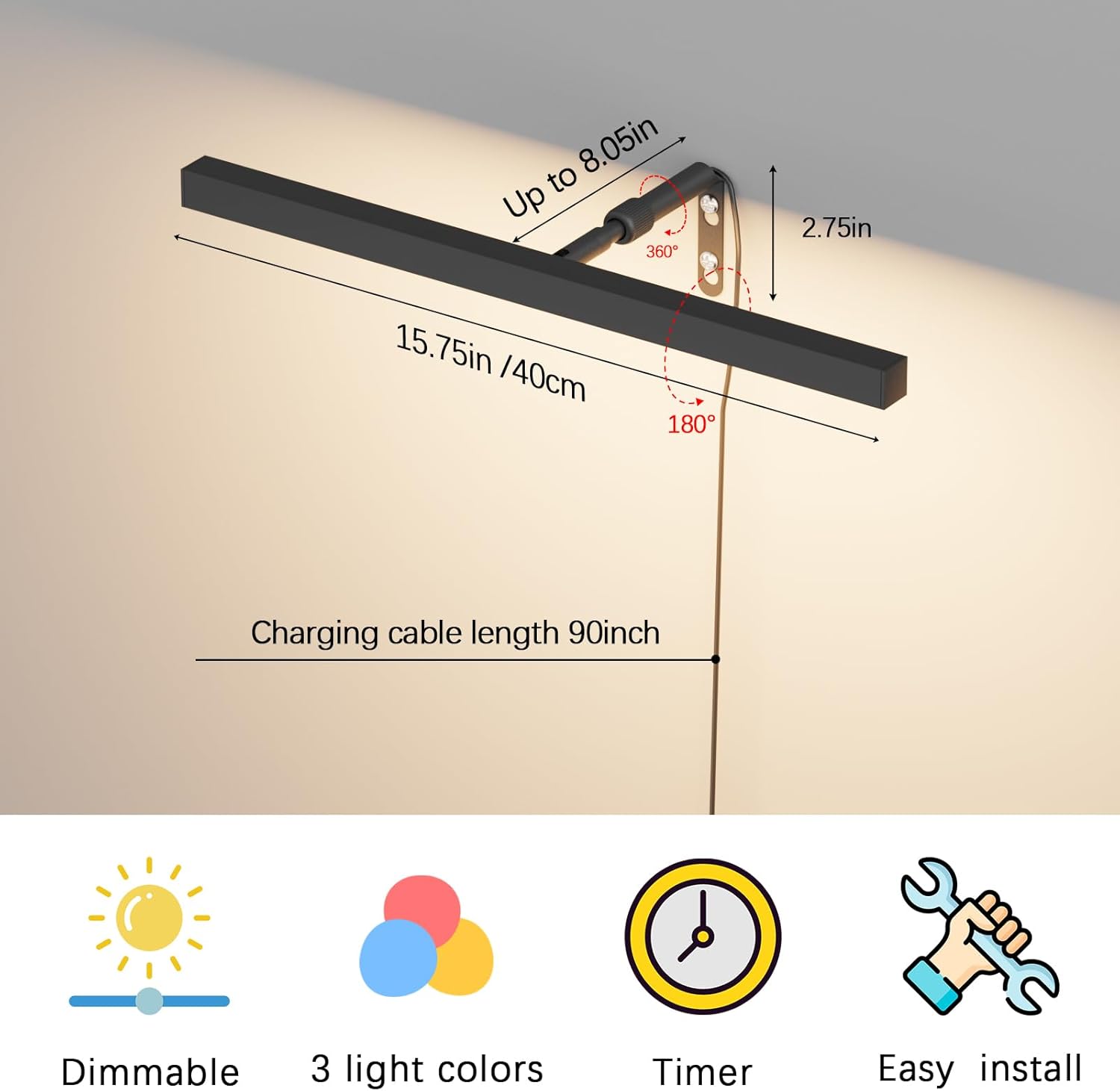 Plug in Picture Lights for Wall, 16 inch Dimmable LED Art Light with Remote, 3 Colour Temperature Gallery Painting Wall Light for Picture Display Dartboard Art Work (Black)