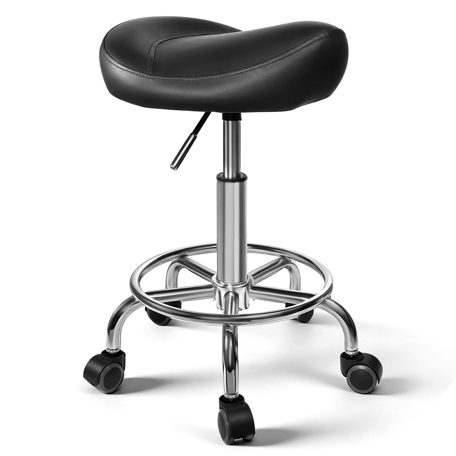 Sattelstuhl Ergonomisch- Sattelhocker mit Rollen (Leise, 360°), Höhenverstellbar 48-57 cm, Hochdichter Schaum, Bis 150 kg, Metallfuß - Bequemer Sattelhocker für Büro, Salon, Massage, Zuhause