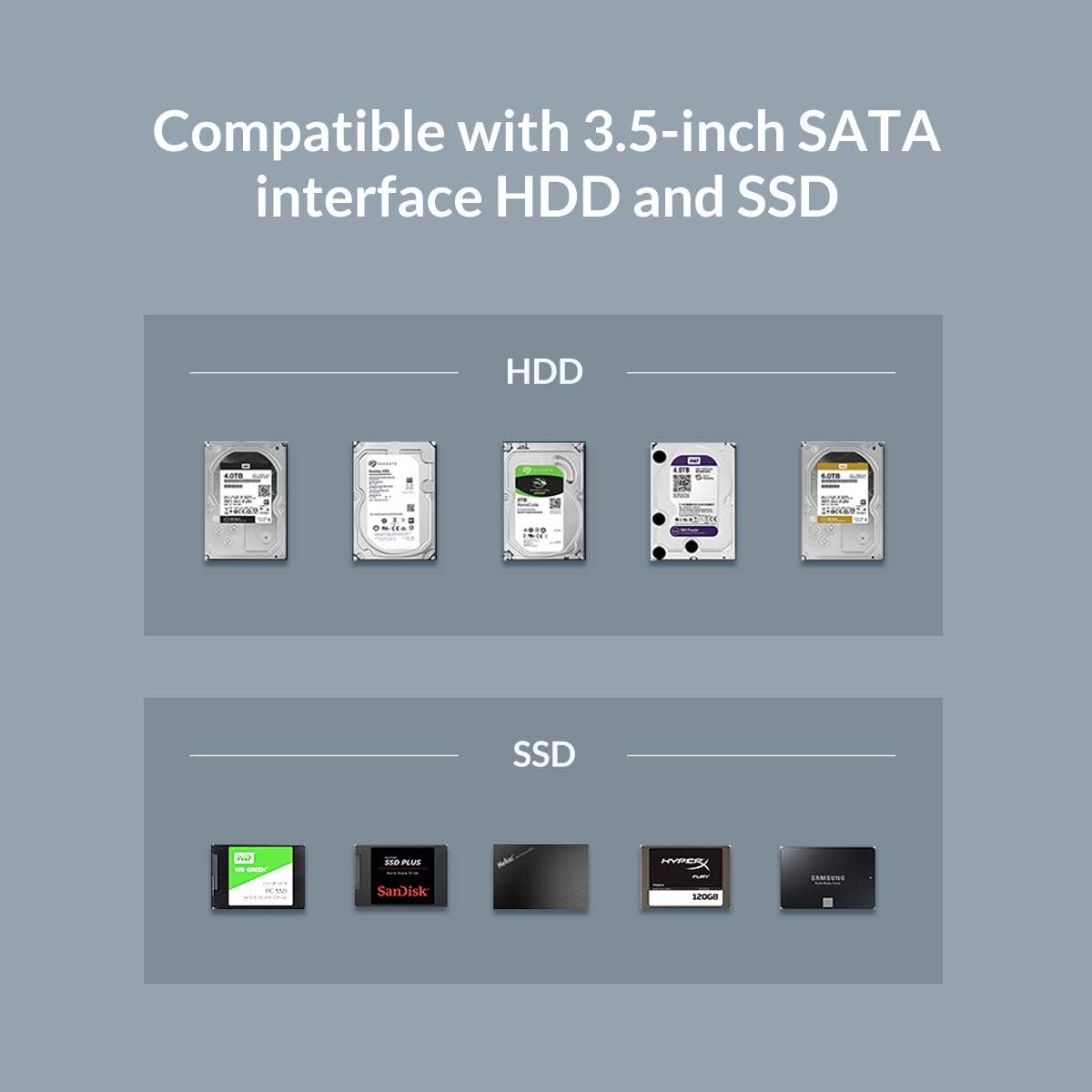 Diagram showing compatibility of ORICO 6139U3 with various 3.5-inch HDDs and 2.5-inch SSDs