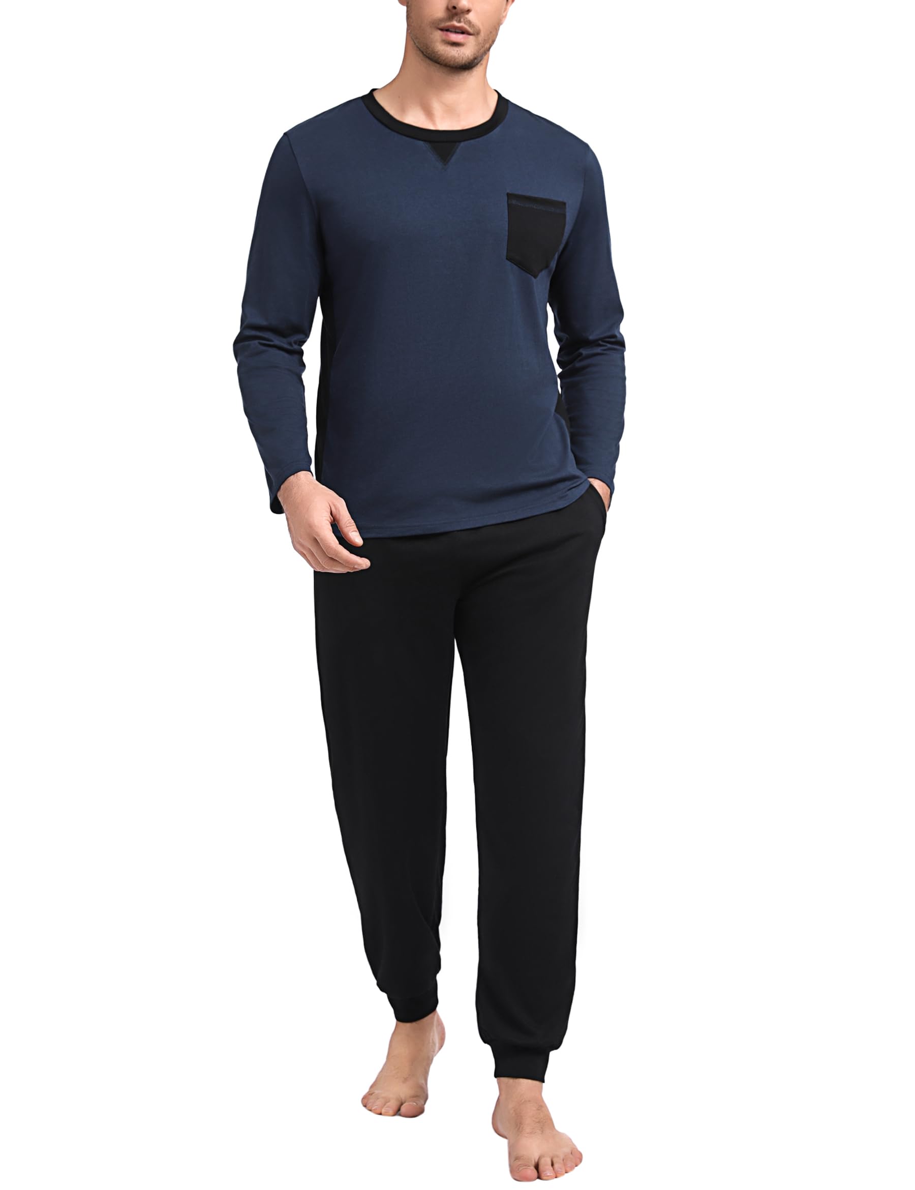 Marvmys Mens Pyjamas Set Long Sleeve Cotton Top & Bottom Pants With Pockets Soft Crew Neck...