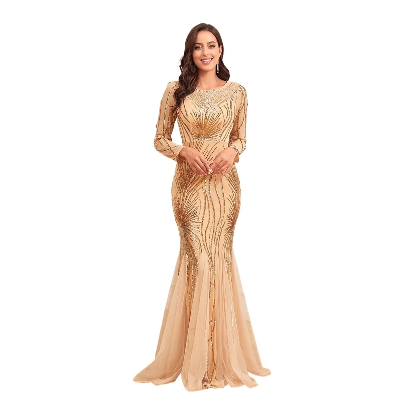 Vestido de Graduación para Mujeres Elegantes Vestidos de Noche de Tul con Lentejuelas y Mangas largas, Estilo Sirena, Formales, for Dama de Honor y Fiesta Maxi(Champagne,M)