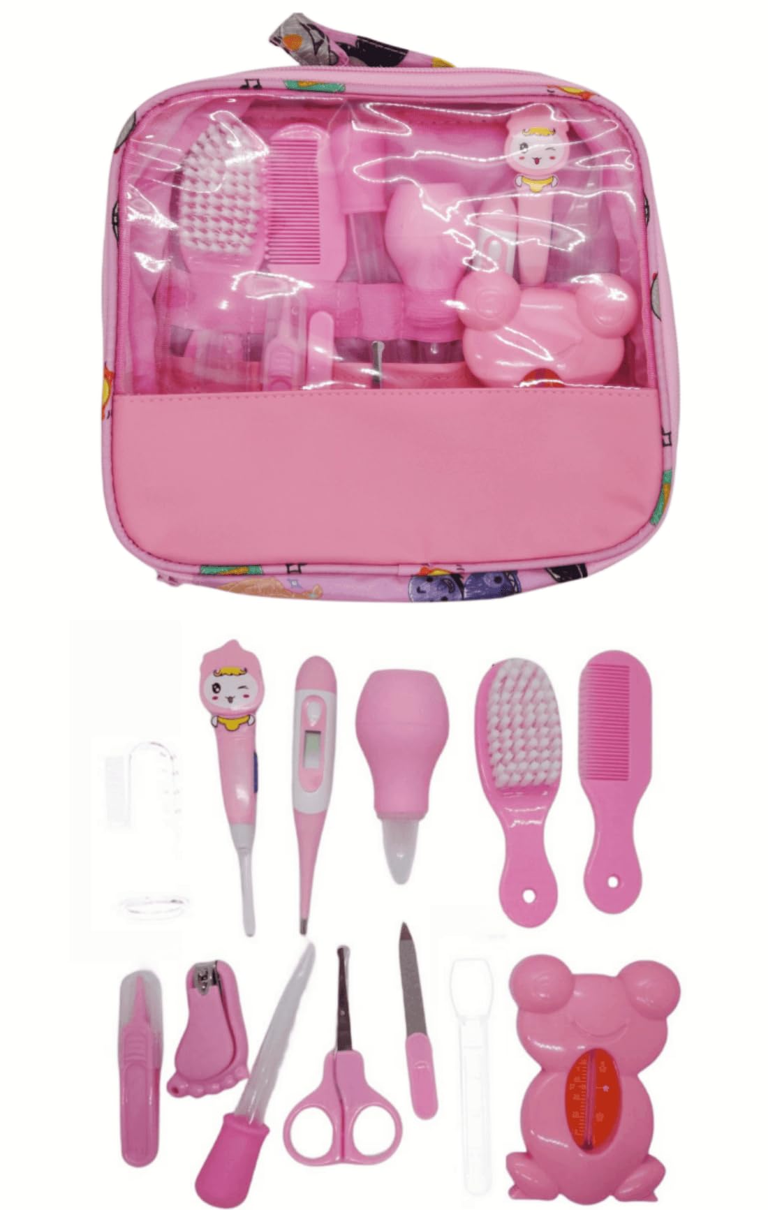 Trousse de Soin Bébé,13 pcs Accessoires de Soins Bébé Naissance,Kit de Soin Bébé Portable Santé Hygiène dont La Thermomètre Digital,Coupe-ongles,Ciseaux,Peigne pour Bébé,Brosse à doigts(Rose-13pcs)