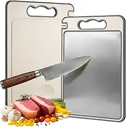 Tábua de Corte Inox para Cozinha Dupla Face + PP | Corte Higiênico para Carnes, Legumes e Frutas | Alça Ergonômica, Afiador Integrado, Borda Protetora | Fácil de Limpar, Uso Diário em Casa e Churrasco