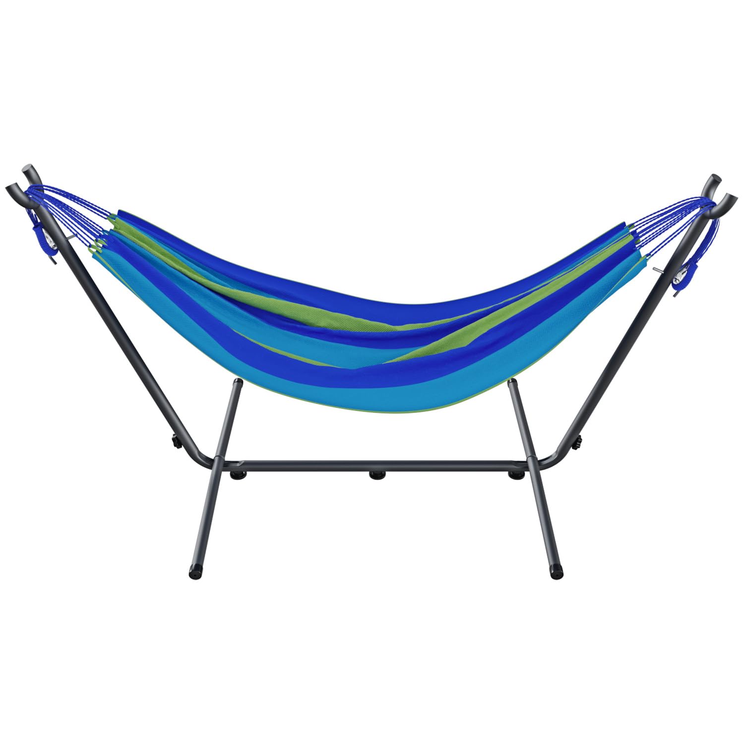 BRICOZONE Amaca con Supporto Brasiliana Tessuto Cotone 250 cm Portata 200 kg Autoportante Struttura di sostegno in Acciaio Borsa Custodia Trasporto Inclusa Spiaggia Campeggio Terrazzo Balcone (Blu)