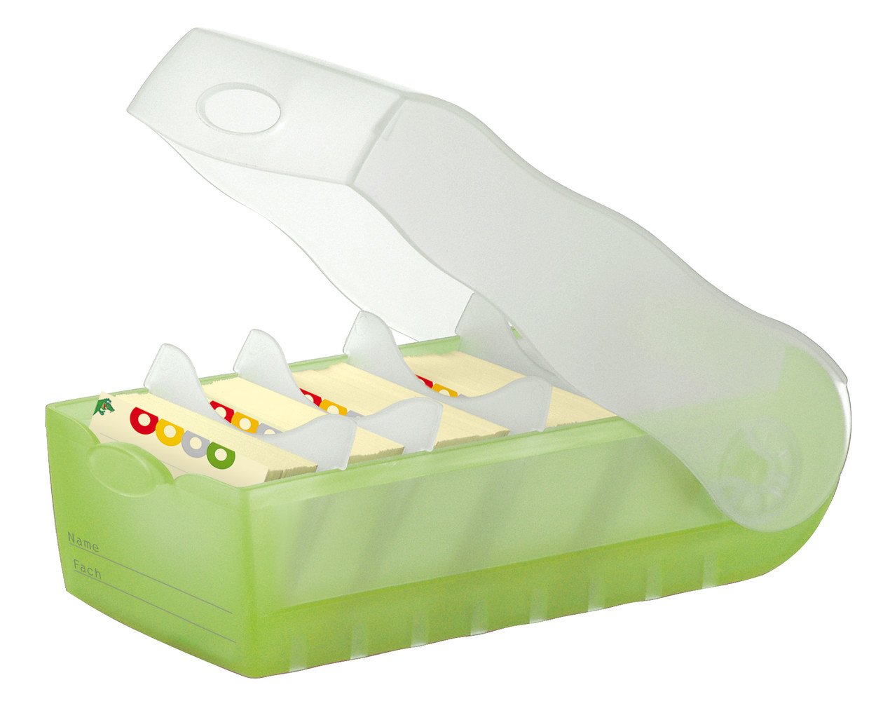 HAN 997 Karteibox CROCO DIN A7 quer mit 5 Stützplatten und 100 Karten (transluzent-grün, 4 Boxen Spar-Set)