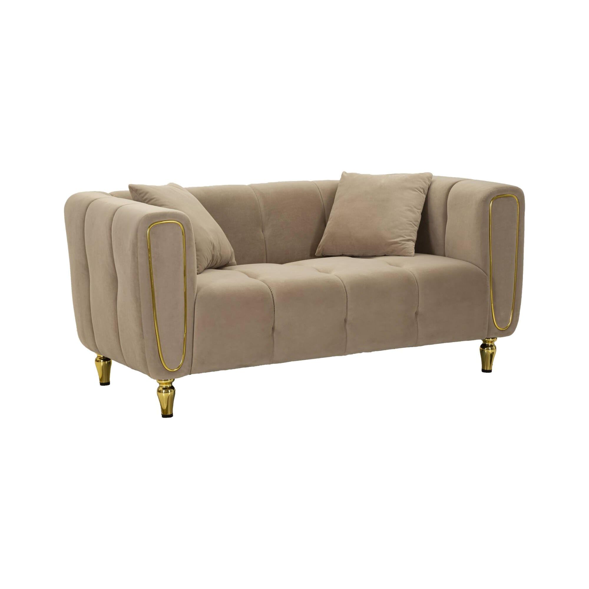Dmora - Divano fisso 2 posti Japura, Sofà dritto, Divanetto per salotto, Poltrona matrimoniale, 81 x 155 h71 cm, Grigio e Oro
