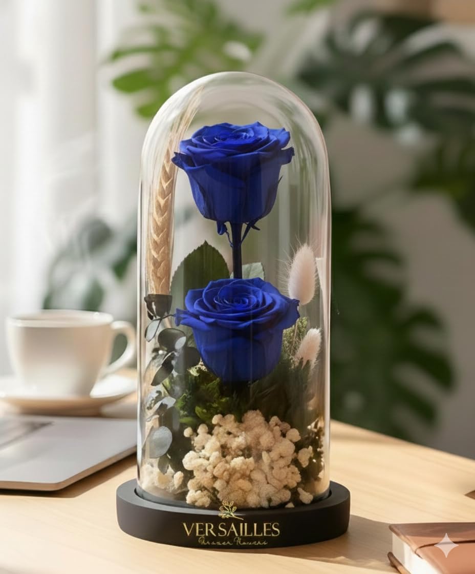 Versailles Eternal Double Blue Rose in Medium Glass Dome – Preserved Real Roses with Preserved Wheat Grass, Cotton, and Preserved Leather Fern – Luxury Handcrafted Forever Love Gift for Anniversary-image-41