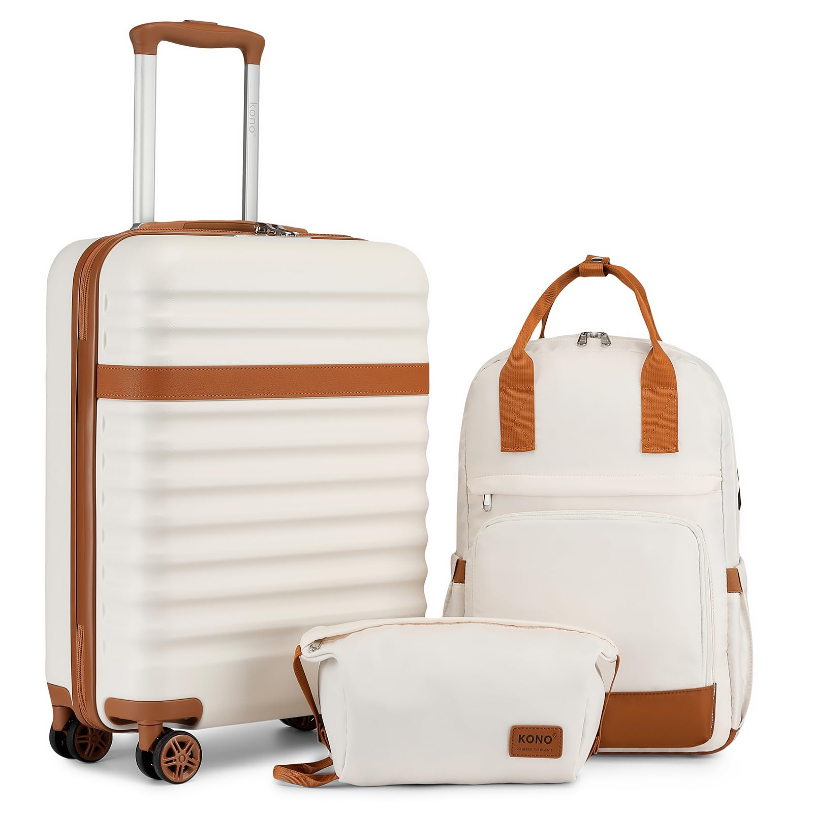 KONO Set di valigie Valigia bagaglio a mano ABS+PC Hardshell Travel Trolley con serratura TSA e 4 ruote Spinner, Crema/Marrone, 20 Inch Luggage Set, Valigia da viaggio leggera con guscio rigido