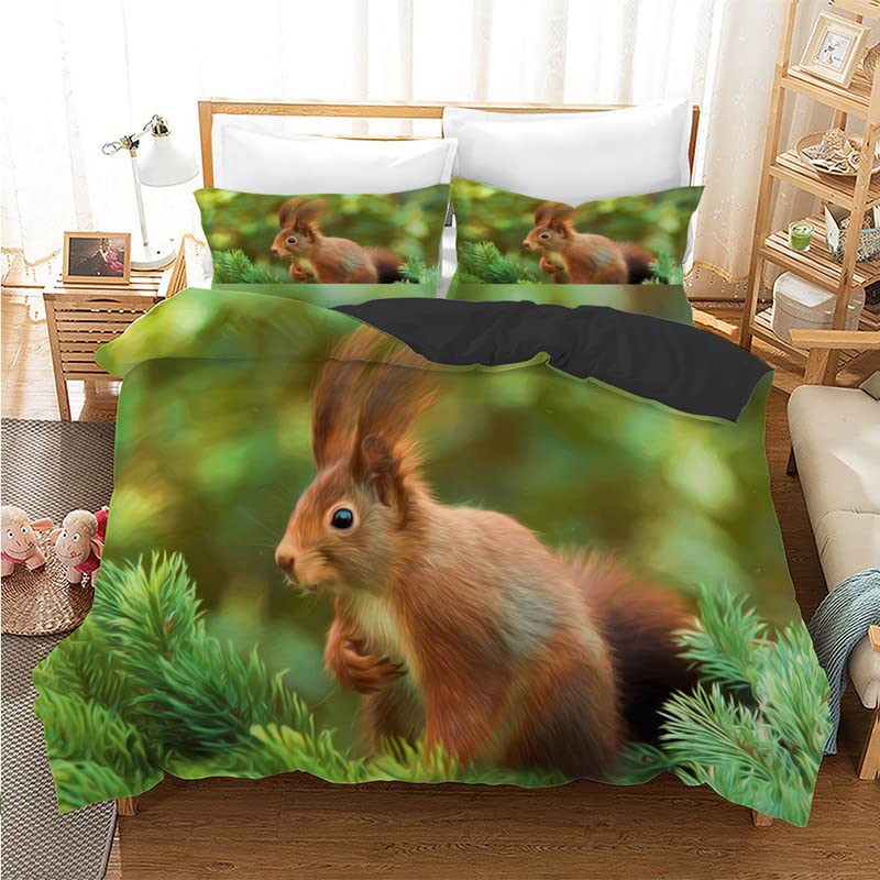 Housse de couette écureuil vert 240x260 anti-plis en microfibre zippée pour grand lit
