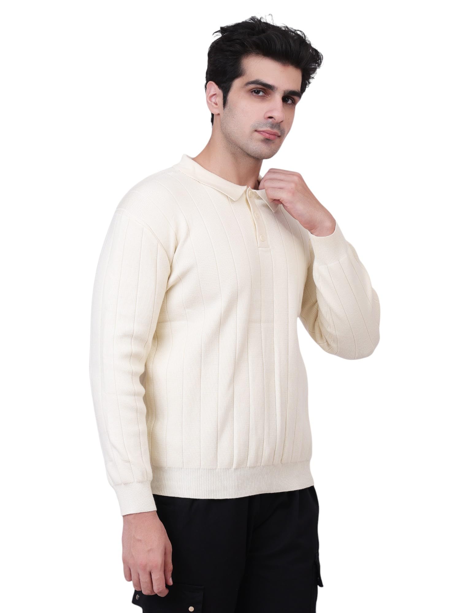 Men's Knitted Polo Sweater with Vertical Ribbed Pattern-picture-16