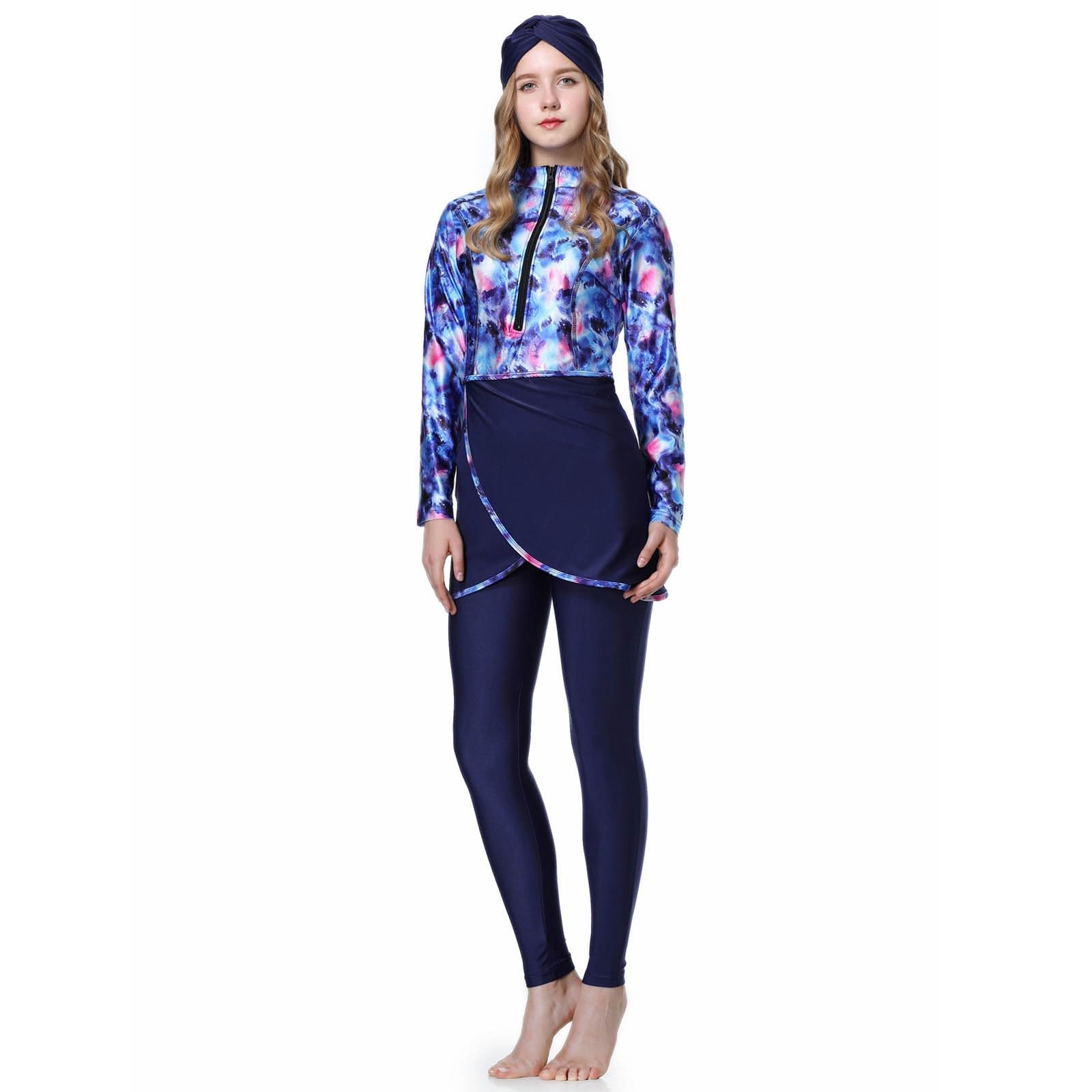 Generisch Conjunto de traje de baño para mujer, camiseta de manga larga y pantalón con gorro de natación de cobertura completa, ropa de playa para nadar al aire libre, surf, buceo, actividades de