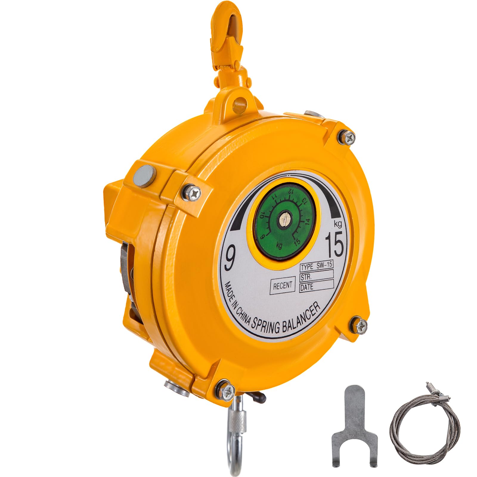 VEVOR Bilanciatore a Molla 9-15kg per Carico Retrattile, Bilanciatore per Attrezzi 1,5 m con Gancio Fune Metallica, Bobina di Bilanciamento Regolabile, Staffa Sospensione Giallo