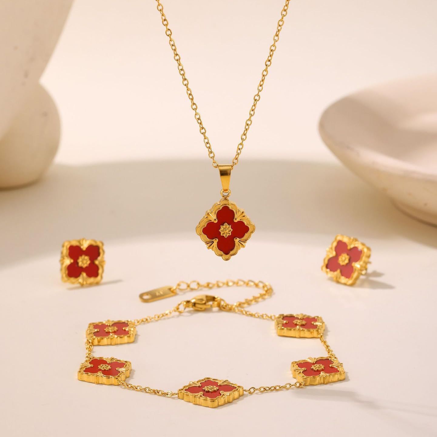 Clover Jewelry Set for Women - Gold-Tone Stainless Steel Four Leaf Clover Necklace, Bracelet, and Earrings, Lucky Charm Fashion Jewelry - Image 6