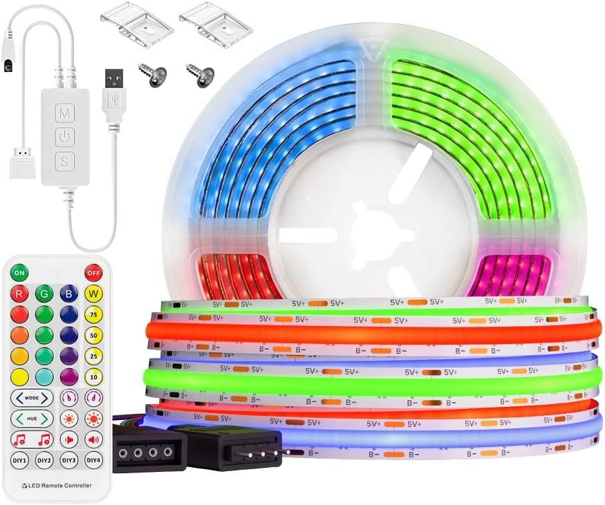 FCOB COB RGB Flexible de Alta Densidad Uniforme Tira LED 576LEDsm 6.56FT con regulador de intensidad IR 5V 0.315 in Ancho Color Cambio Cinta LED