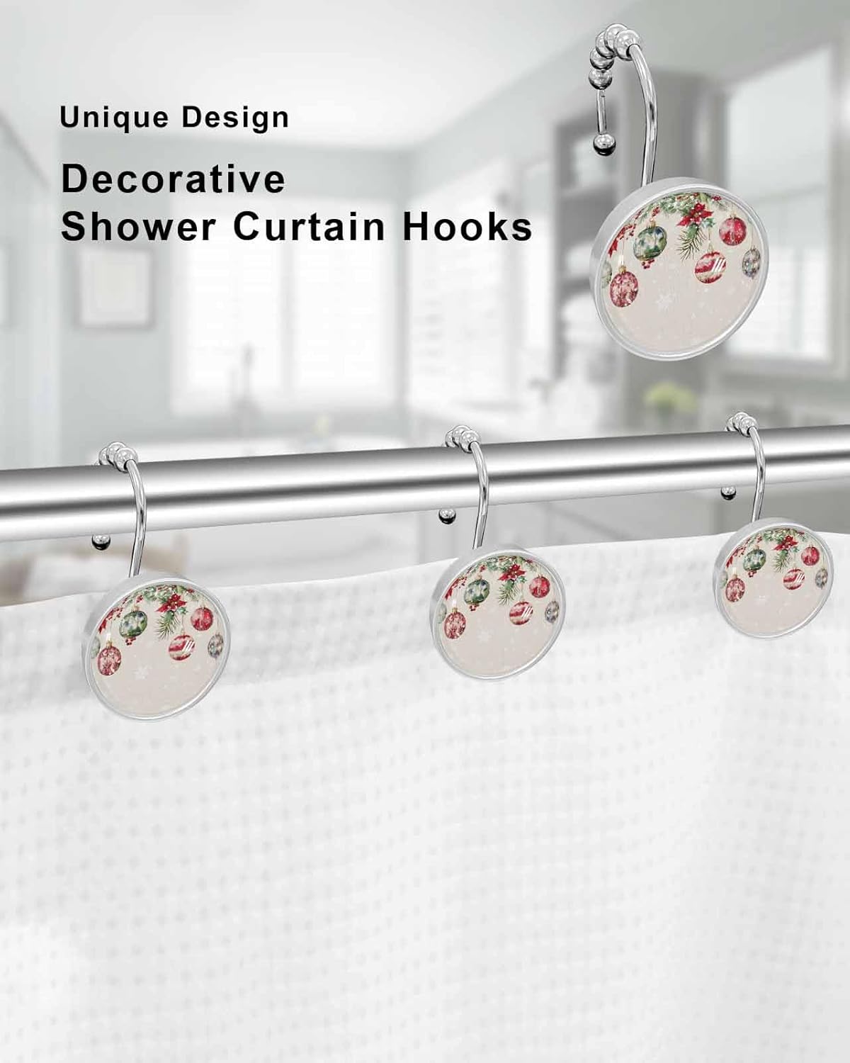 Shower Curtain Hooks 12 Pcs Christmas Red Green Balls Poinsettia Berry Snowflake Beige Stainless Steel Rust Proof Rolling Shower Curtain Rings, Decorative Shower Curtain Hooks Hangers for Bathroom