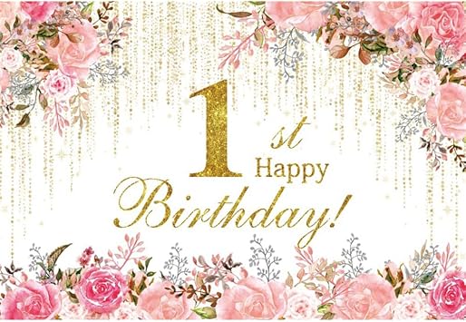 Happy 1st Birthday Banner Backdrop First Birthday Banner Decorations 7x5ft Pink Floral 1 Year Old Photography Background Girl Birthday Party Supplies Cake Table Photo Studio Props