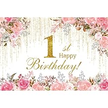 Happy 1st Birthday Banner Backdrop First Birthday Banner Decorations 7x5ft Pink Floral 1 Year Old Photography Background Girl Birthday Party Supplies Cake Table Photo Studio Props