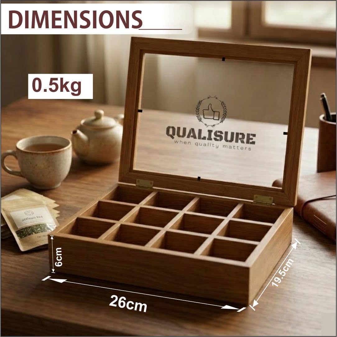 Wooden Tea Box Organizer, 12-Compartment Pinewood Tea Bag Container Holder with Clear Acrylic Display Lid, 90° Hinges & Handle, Loose Tea Storage Caddy, Teabag Display Chest Box, Food-Safe image 2