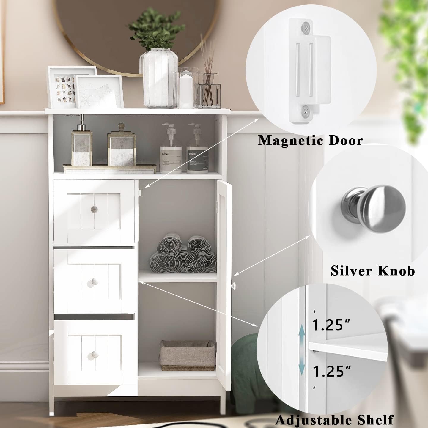 RASOO Bathroom Storage Cabinet White Wooden Floor Cabinet Freestanding Cupboard with 3 Drawers and 1 Door for Kitchen/Bathroom/Living Room (one Shelf&3 Drawers&one Door)