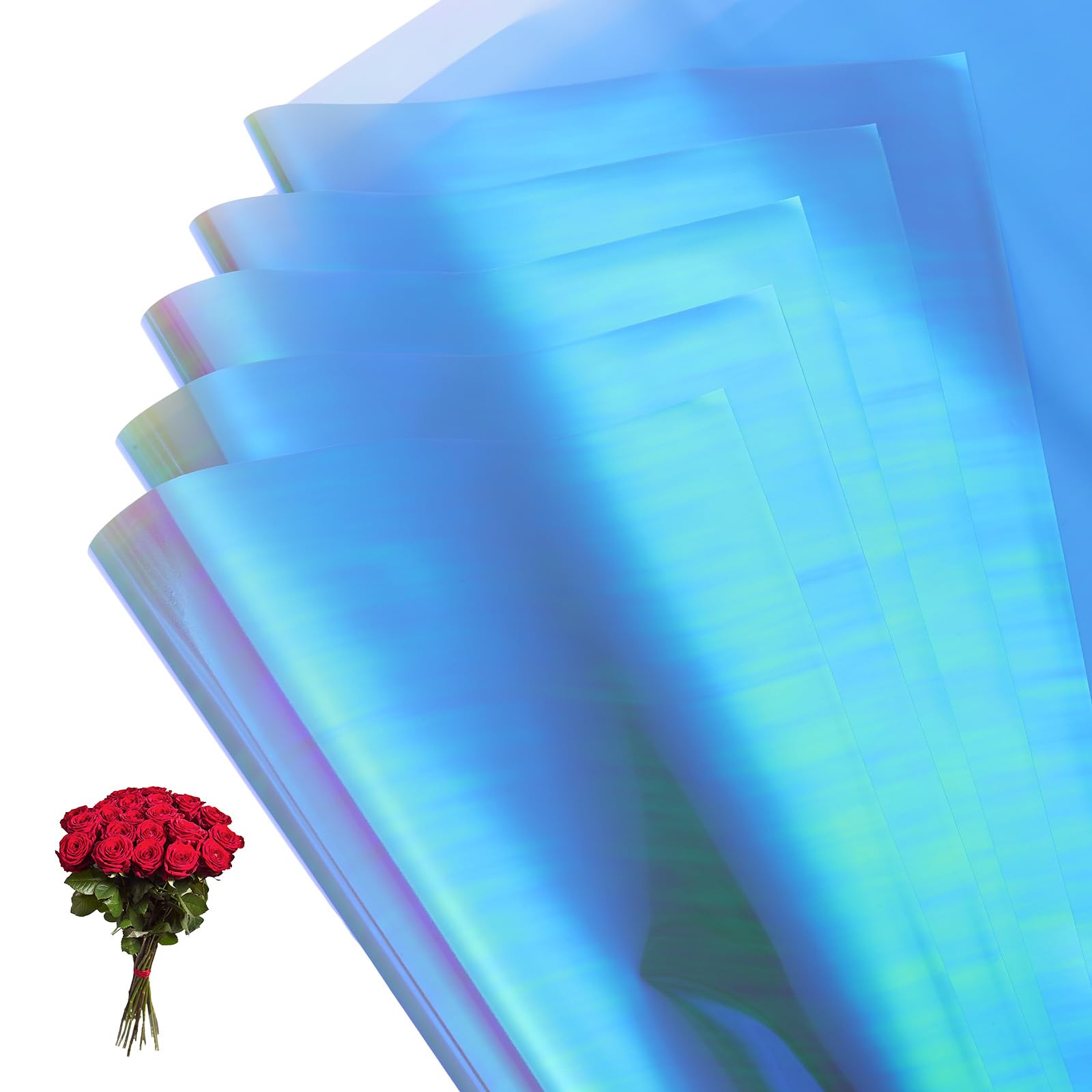 PATIKIL 22.8 x 22.8 Inch Flower Wrapping Paper, 10 Pcs Iridescent Double Sided Plastic Bouquet Packaging Waterproof Florist Supplies DIY Crafts Gift Packaging Gift Box Wedding, Ice Blue