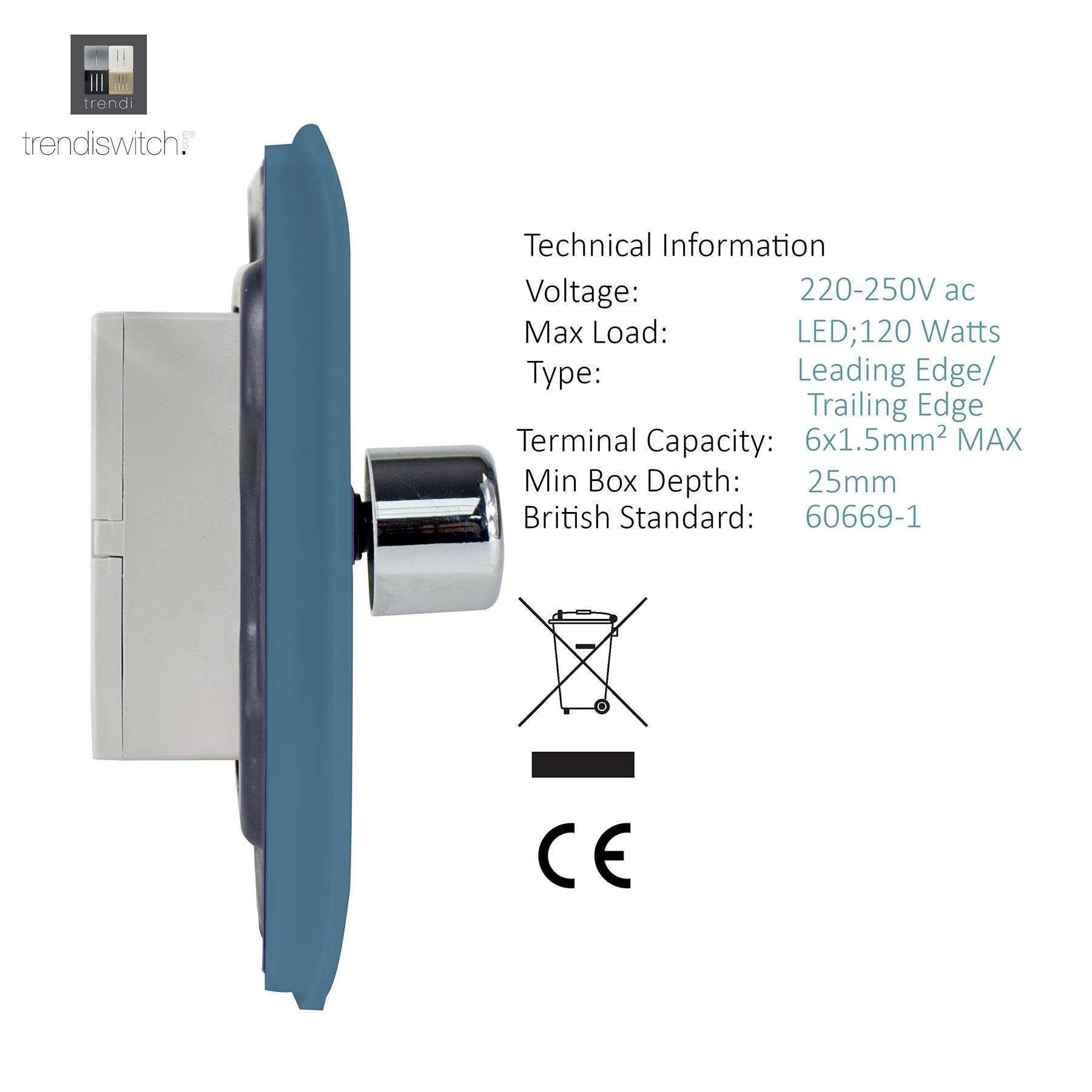 Trendi Artistic Modern Glossy Tactile 2 Gang 2 Way 120w LED Dimmer Switch Sky - Image 3