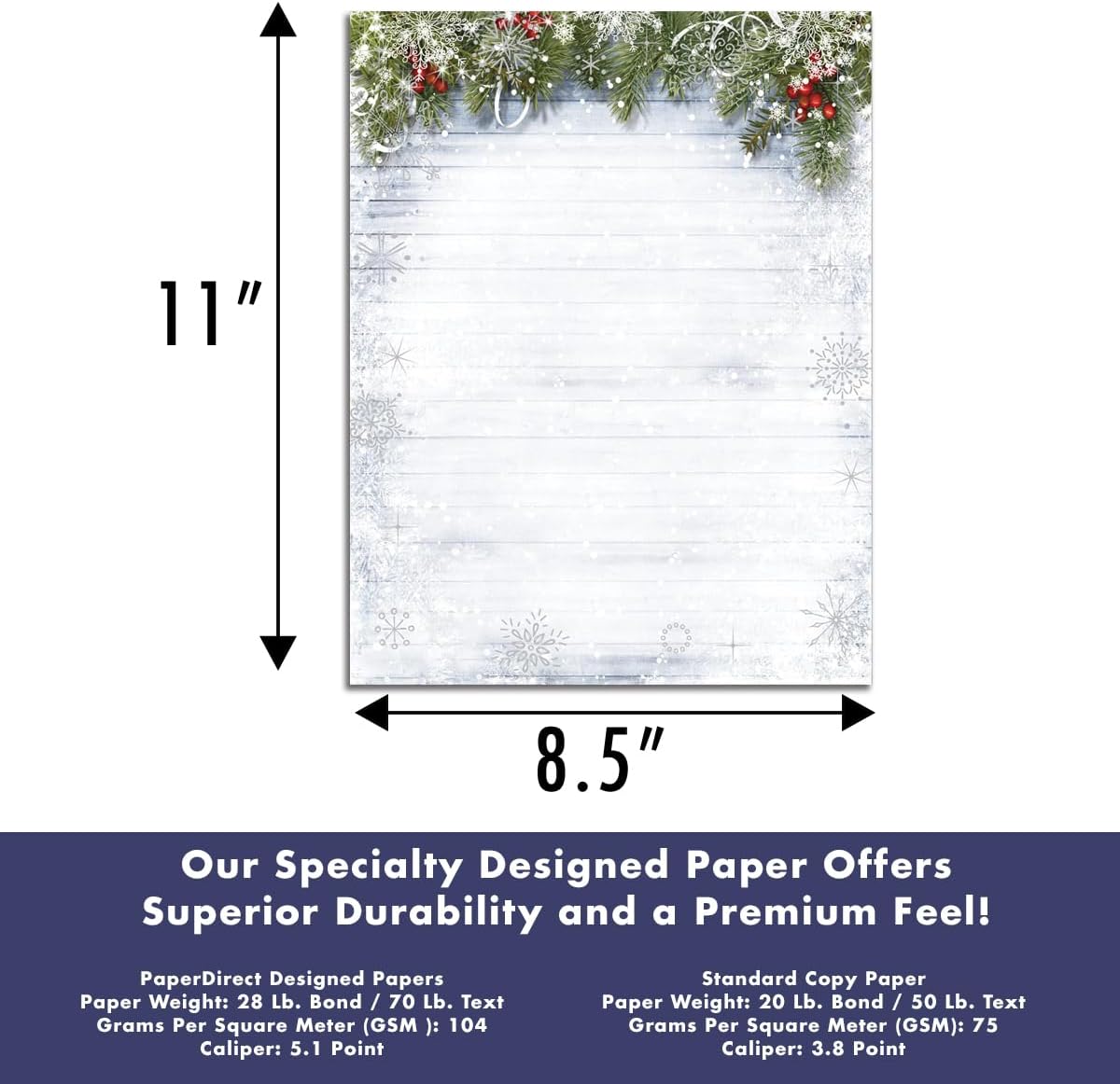 PaperDirect Snowy Sentiment Holiday Border Paper – Gray Barnwood with Silver Snowflakes, Pine Boughs, White Ribbons & Red Berries, 8.5" x 11", 28lb, Laser/Inkjet Compatible, 100 Sheets