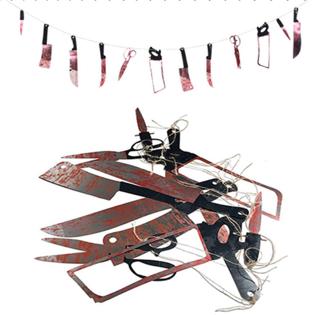 Horror Blood Knife String Banner, Halloween Style Tool Modeling PVC Zipper Decorative Props Pull Flower for Patio Haunted House Shopping Mall Scene Holiday Decoration (2 PCS)