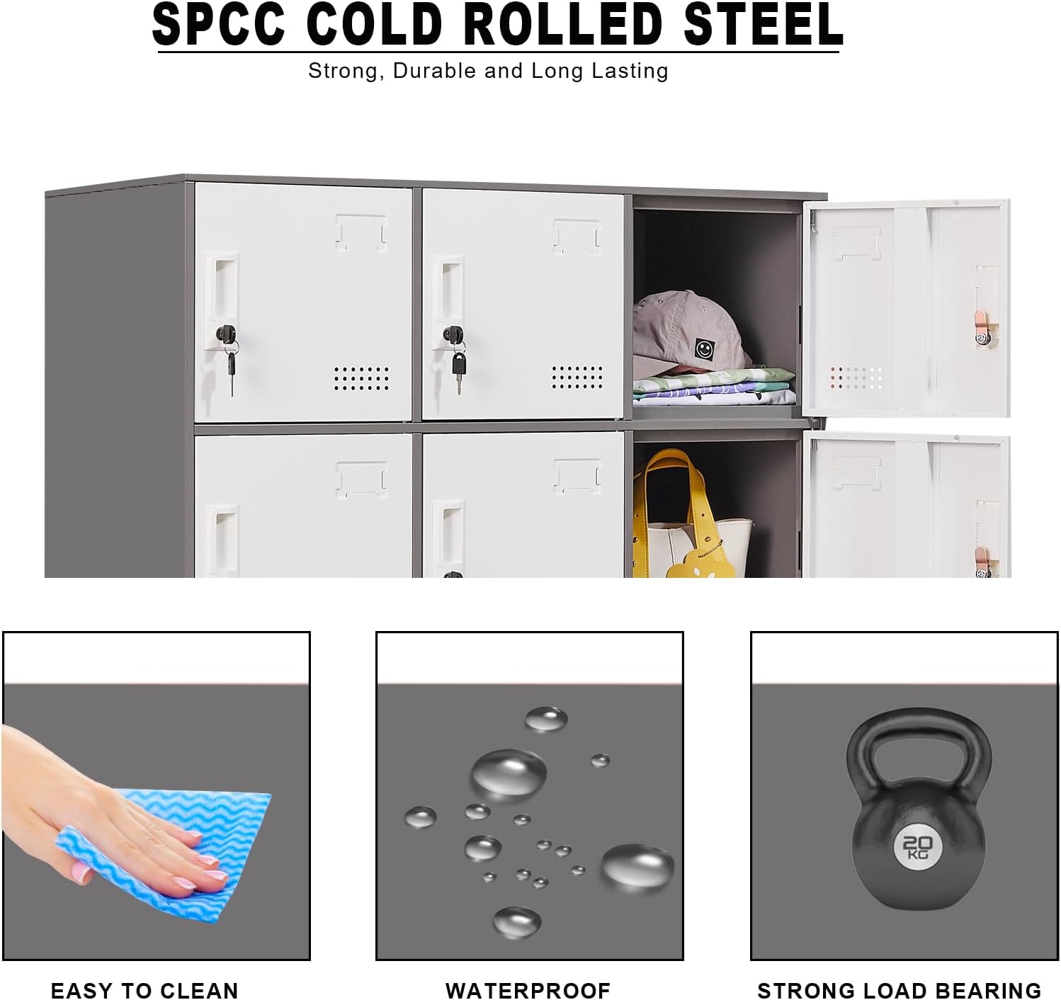 Student Locker Organizer, Multi-Door Steel Locker, Small Locking Cabinet Storage Organizer, Office File Cabinet, Home Locker, Gym Locker, Metal Storage Locker (9 Door, Grey & White)