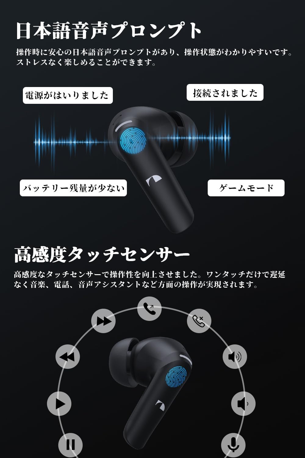 Diagram of earbud touch controls and Japanese voice prompts