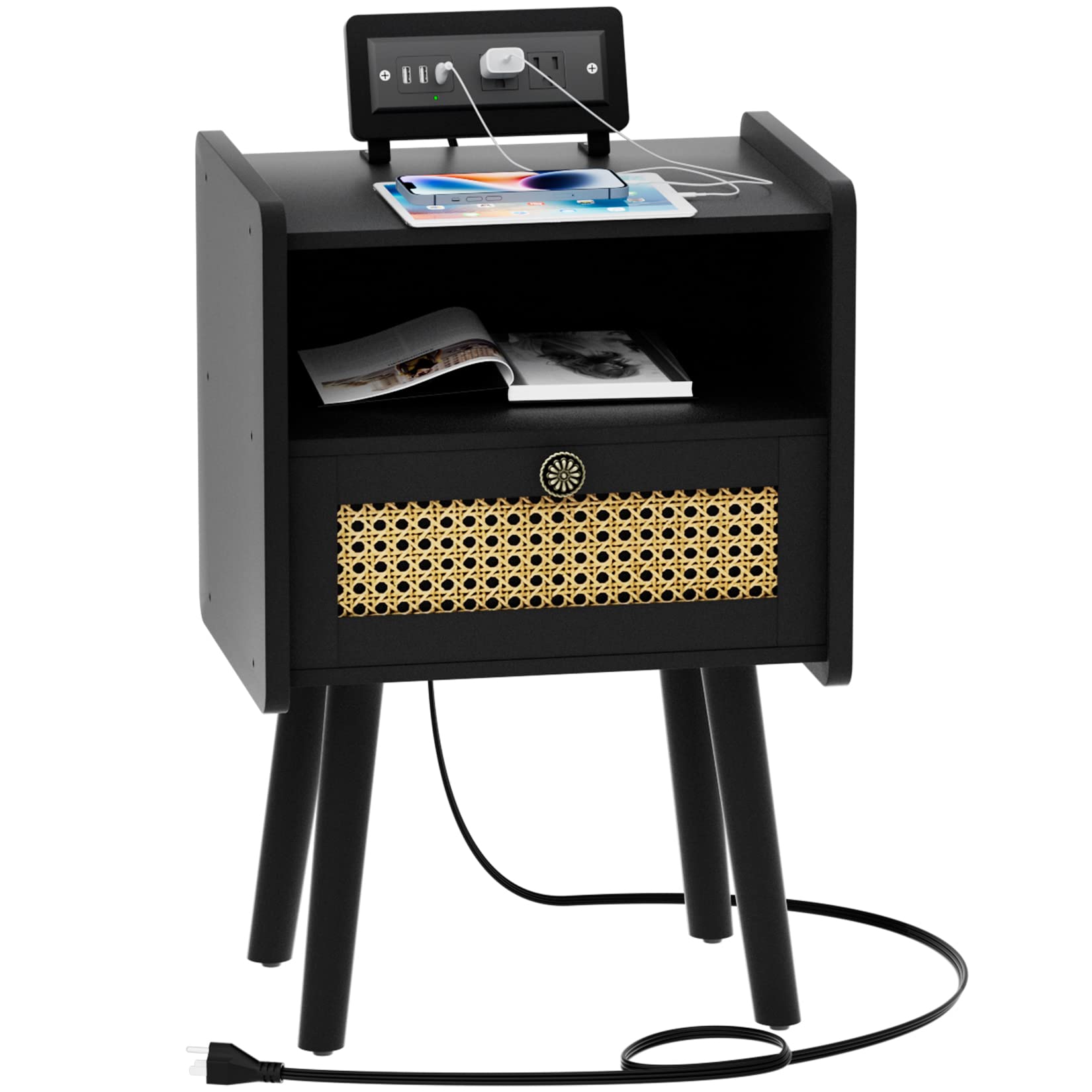 YAKANJ Black Nightstand with Charging Station,Mid Century Modern Nightstand with Rattan Decor,Night Stand End Table Side Table with 2 Tiers Storage Shelf for Small Spaces,Bedroom,Living Room-Black