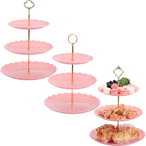 Miniatura 1 de Tosnail Paquete de 3 bandejas de plástico rosa para cupcakes de 3 niveles, soporte para postres con barra dorada de 3 estilos, bandejas de servir