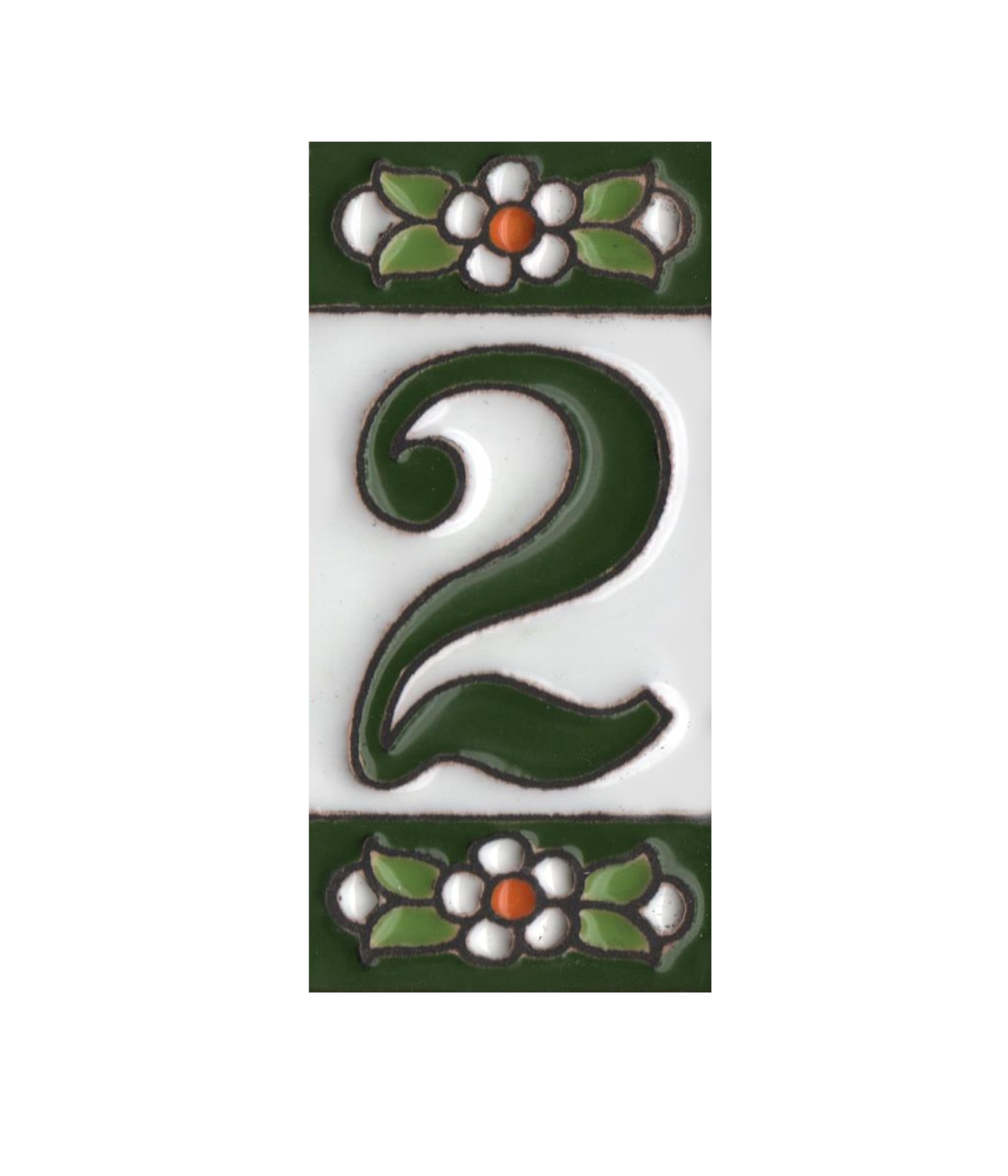 Ceramic House Tile Numbers & Letters, Green Floral Design, Tile Size: 7.5cm x 3.5cm, 2 to 6 Tile Frames (Number 2 tile)
