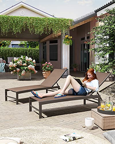 Crestlive Products Aluminum Adjustable Chaise Lounge Chair Outdoor Five-Position Recliner, Curved Design, All Weather For Patio, Beach, Yard, Pool (2Pcs Brown) #TOP1