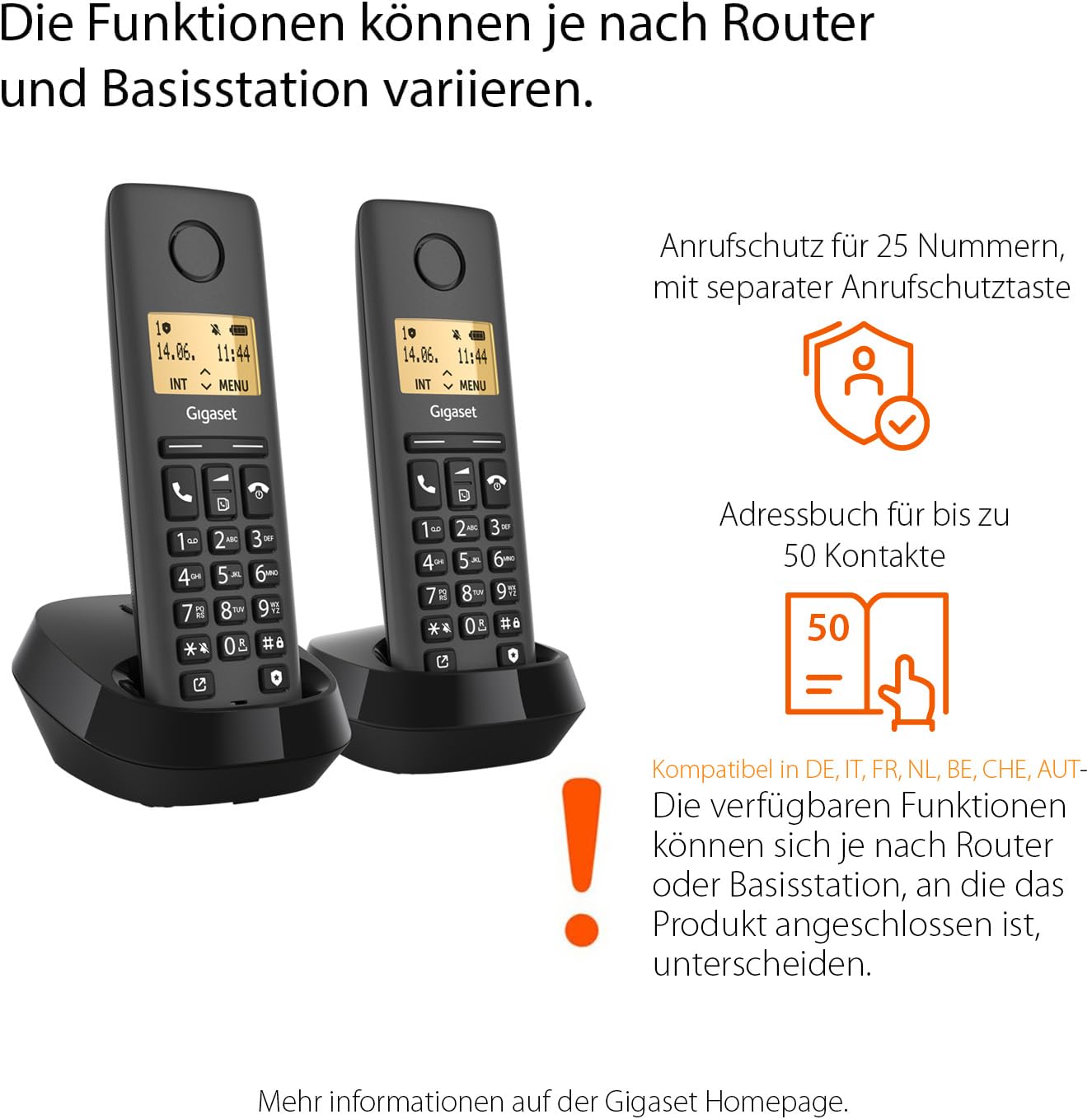 Gigaset Pure 120 Duo - 2 telefony bezprzewodowe z ECO DECT - podświetlany ekran - kompatybilny z aparatami słuchowymi - Ochrona połączeń, Czarny Antracyt