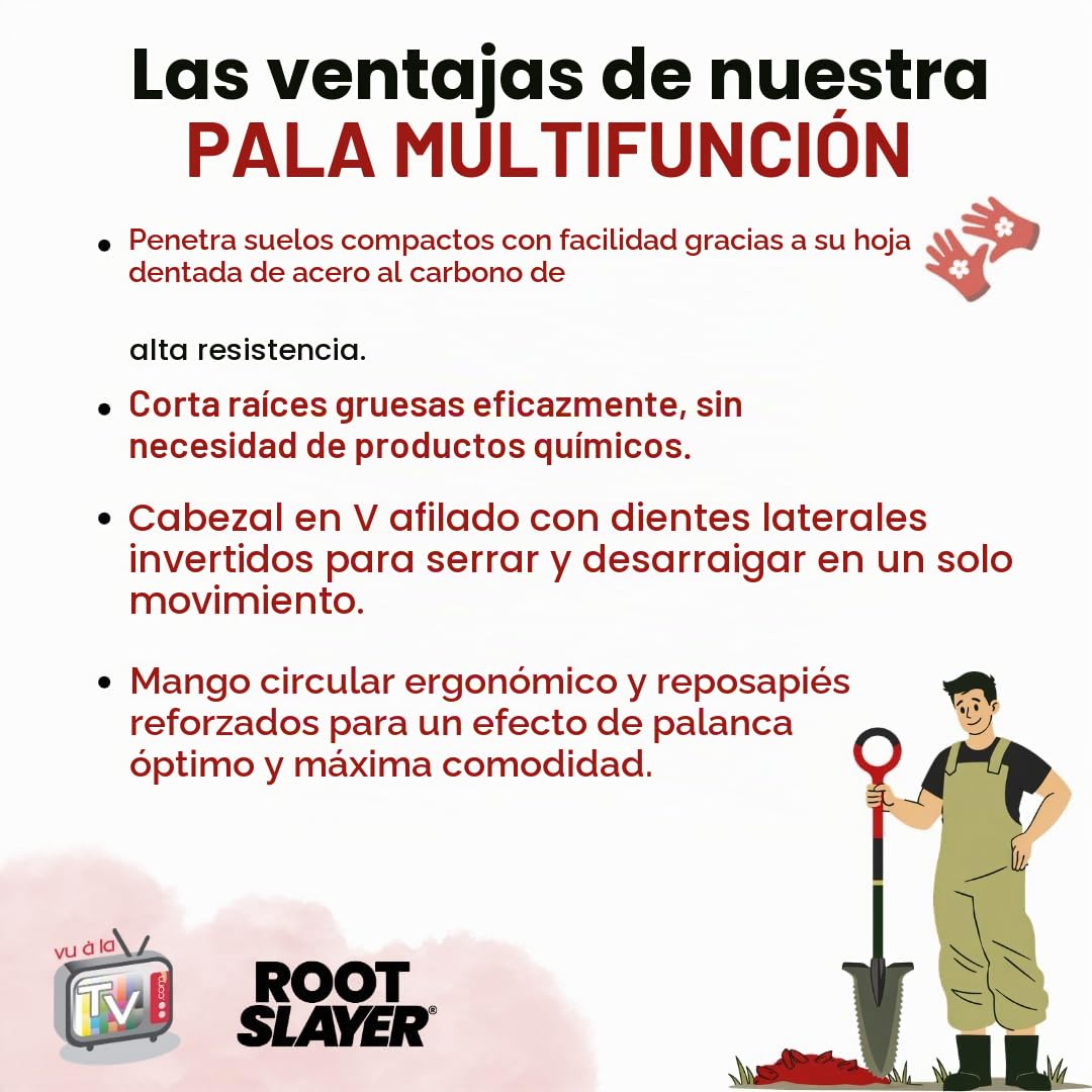 Venteo Pala de jardín Root Slayer Mango de Hoja Trapezoidal y Dientes Ultra Afilados de Acero carbono-114 cm, Rojo y Negro