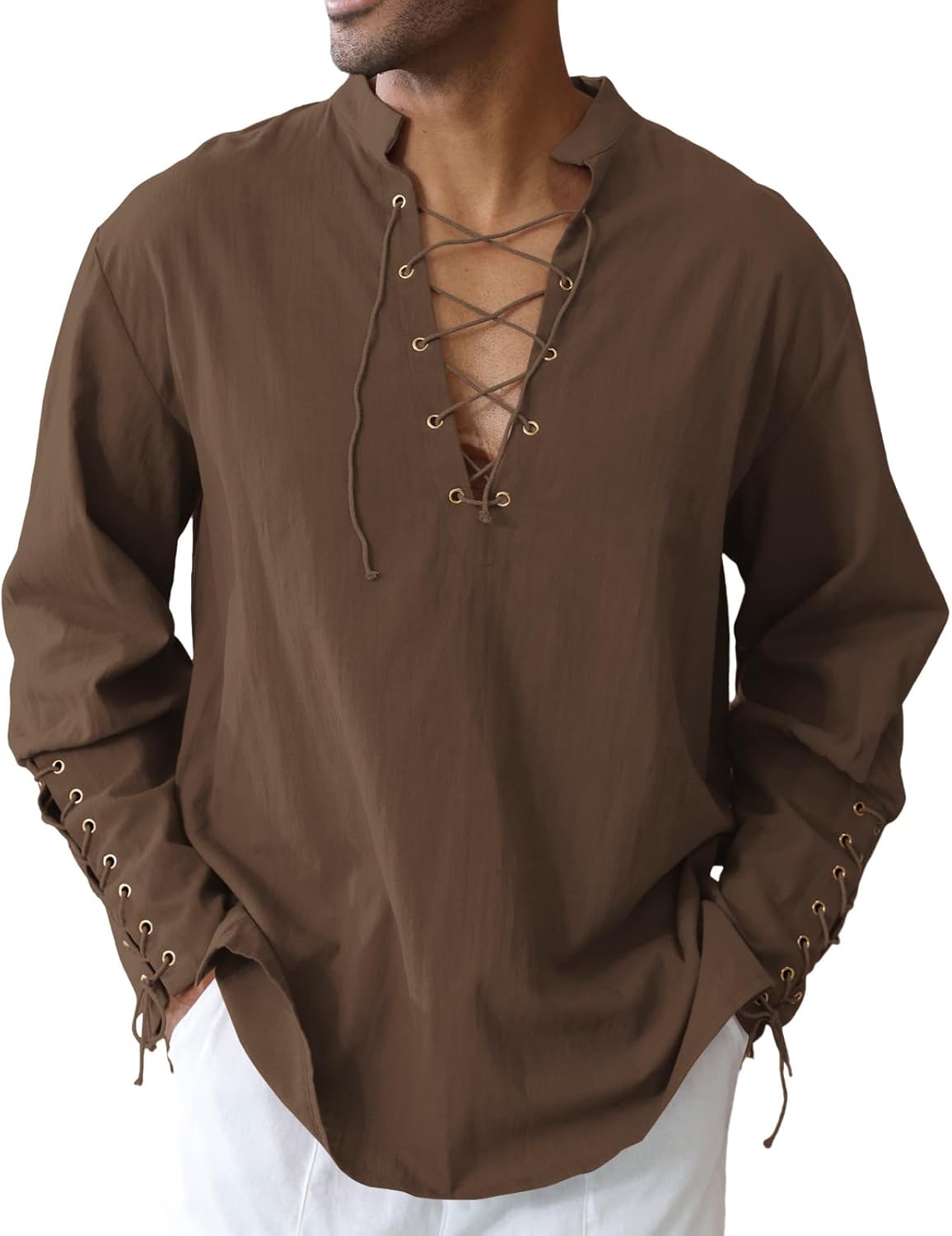 Men's Cotton Linen Shirt Drawstring Arm Banded Tops Medieval Viking Pirate Renaissance Halloween Costume