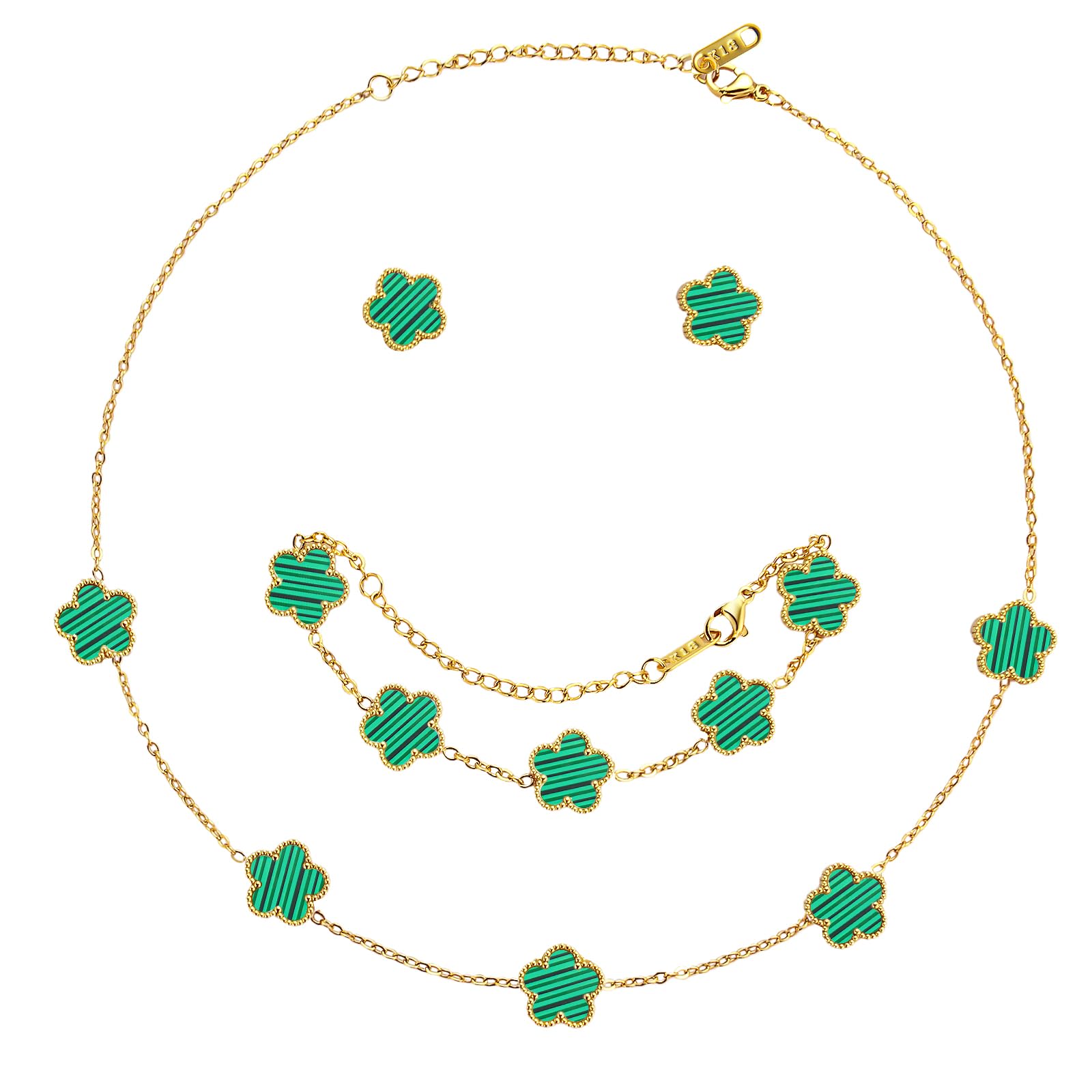 AmorArtSky Lucky Clover Jewelry Set - 18K Gold Plated Flower Design Five Leaf Bracelet, Necklace Pendant, Earrings for Women - Lucky Gifts for Mom,