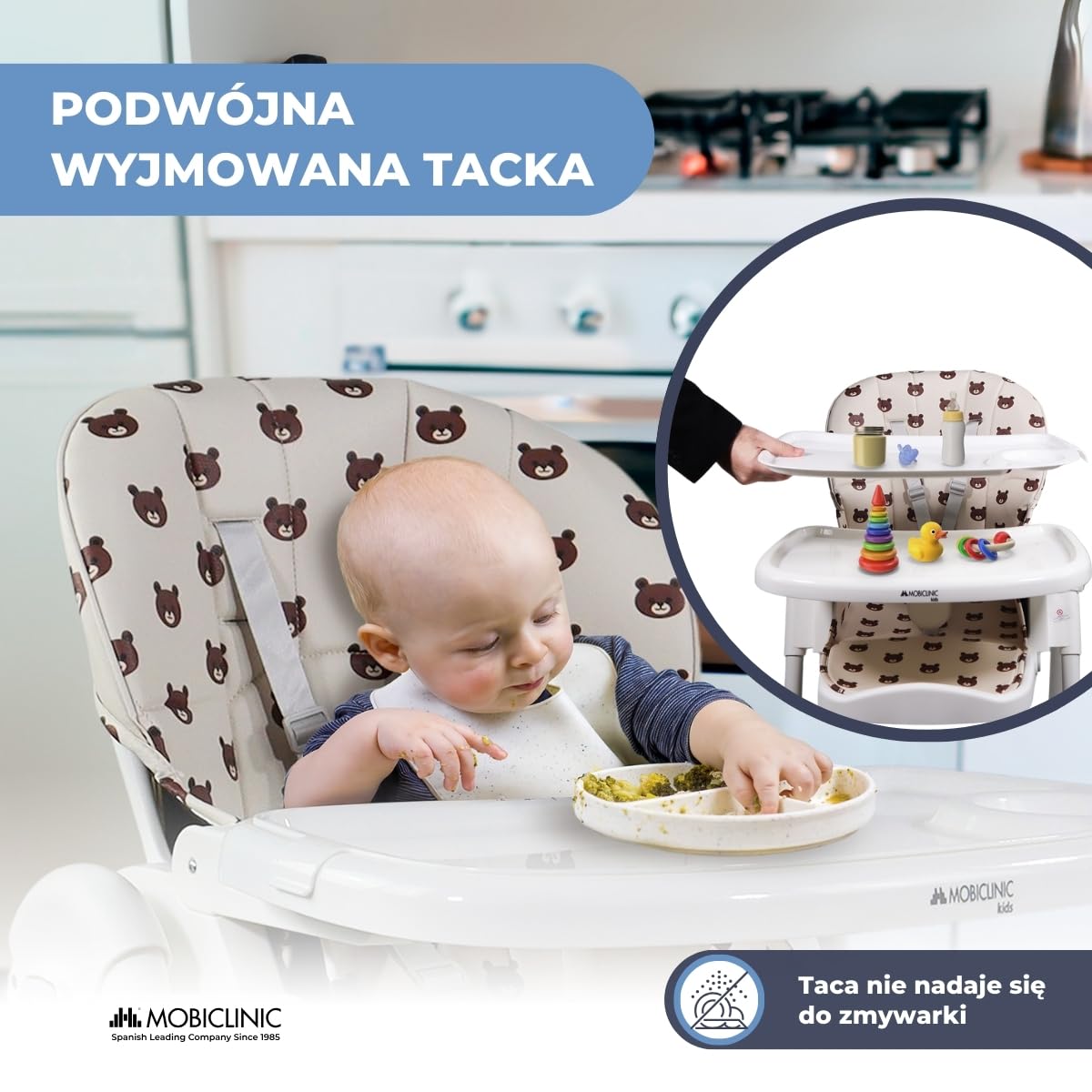 Mobiclinic®, Wysokie krzesełko dla dziecka, Evolutive, Dodatkowe składanie, Możliwość przekształcenia w krzesełko, Simba, 5-punktowe, Kółka z hamulcami, Podwójna wyjmowana tacka